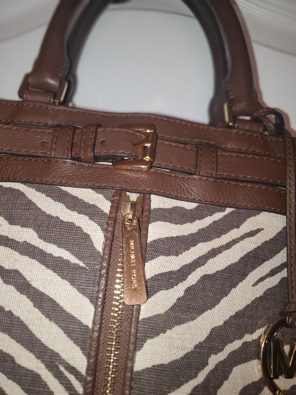 Michael Kors Brown and Cream Zebra-Print Canvas Tote with Leather Trim - Picture 7 of 16
